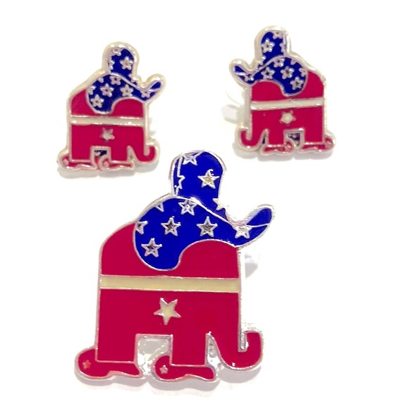 Republican Elephant Jewlery Set - 2 in 1 Brooch / Pendant and Earrings - Picture 1 of 6